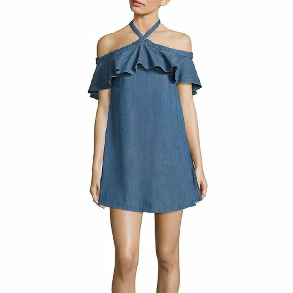 Alice + Olivia Alexia Off-Shoulder Halter Tie Ruffle Top Chambray Mini Dress XS.